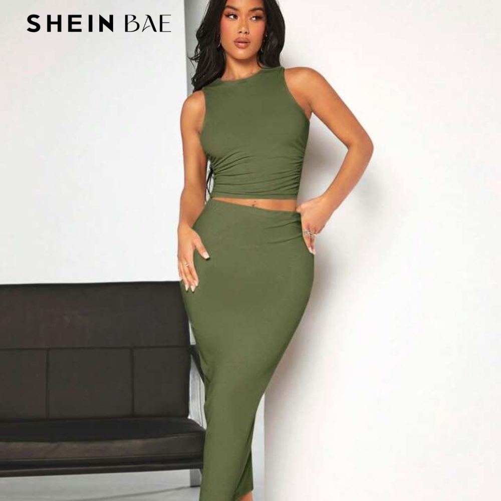 SHEIN Green Midi Pencil Skirt Set Small Worn 1x